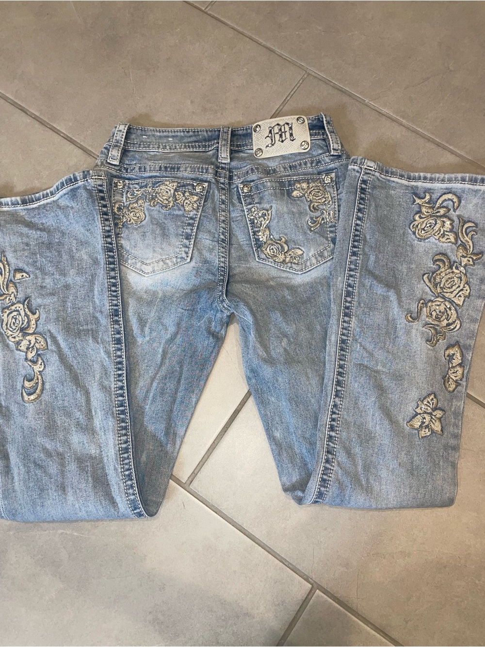 Miss Me Light Blue Boot Cut Jeans with Gold Rose Embroidery